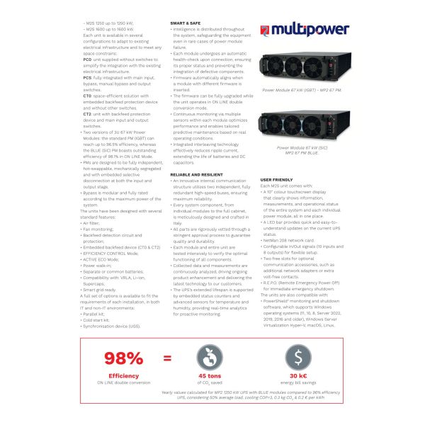 Riello Multi Power2 Scalable Modular UPS 1250KVA Three Phase Online Uninterruptible Power Supply for Data Centers
