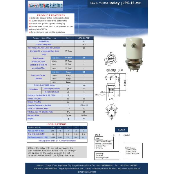 JPK-15WP SF6 Gas Filled Relay 15KV DC High Voltage Relay with 12A Current and 1 Million Mechanical Life