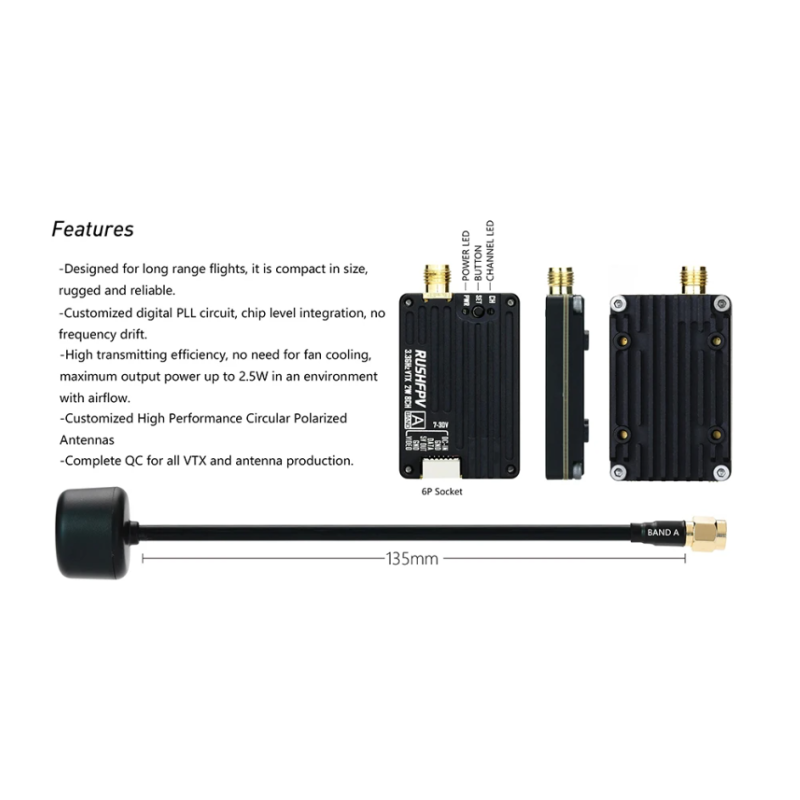 RushFpv 3.3G 2000mW 2W 8CH Vtx / VRx Audio Video FPV Transmitter / Receiver Recording Plate Antenna for RC Fpv Drone Multi-rotor