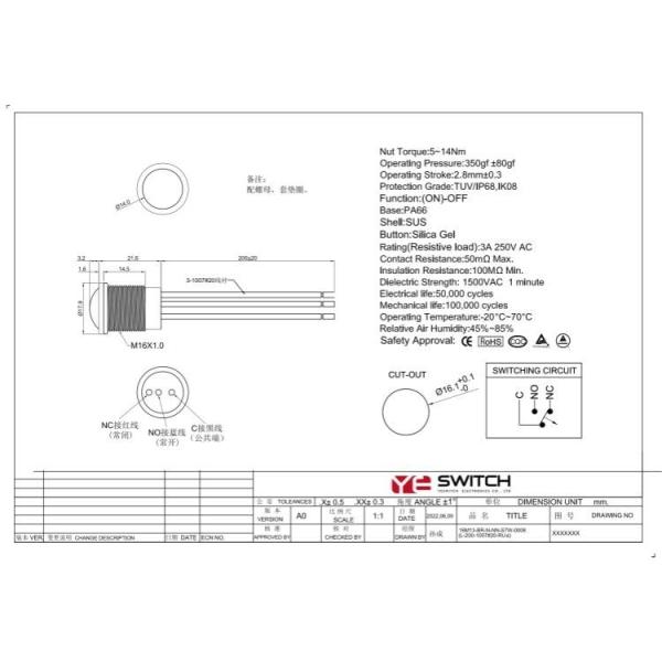 3A 250VAC 16mm Emergency Stop Button PA66 Illuminated Push Button Switch