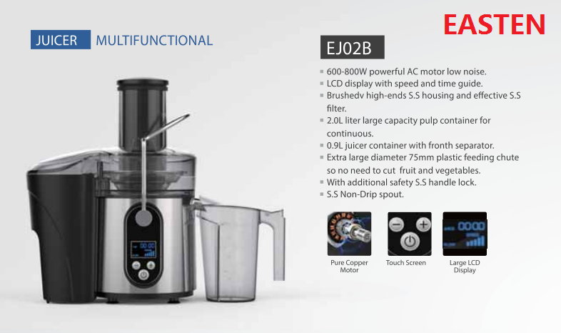Easten 800W Multi-functional Power Juicer EJ02B / 2.0 Liters Power Juicer With 1.5L Glass Blender