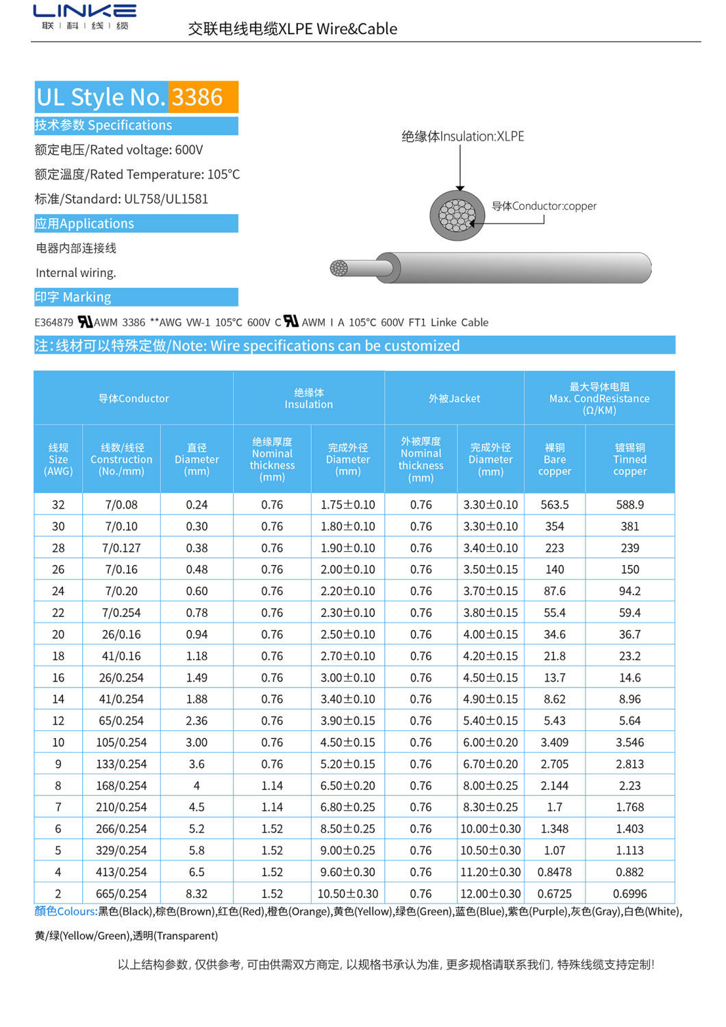 PVC Jacket UL3386 XLPE High Temperature Resistant Electric Cable for Automobile Engine