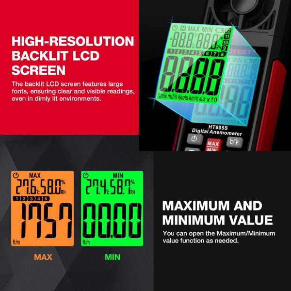 HT605S Digital Anemometer Air Flow Wind Speed Meter LCD Backlight Professional 3 in 1 Thermometer Hygrometer Anemometer