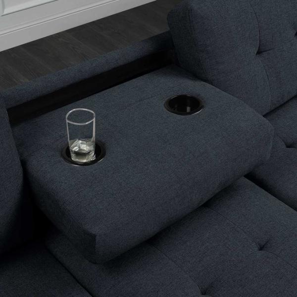 L Shaped Sectional Sofa with Dropdown Table and Reversible Chaise and Storage Ottoman, Dark Blue Linen