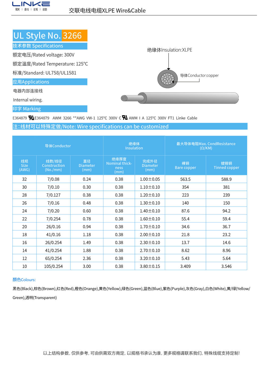 300V Rated Voltage UL3266 Cable Flexible Silicone Rubber Standard Wire for Industrial