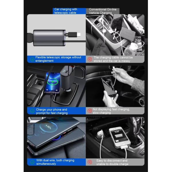 100w Lighter Universal Phone 4 in 1 Usb Type c Retractable Car Charger Fast Charging