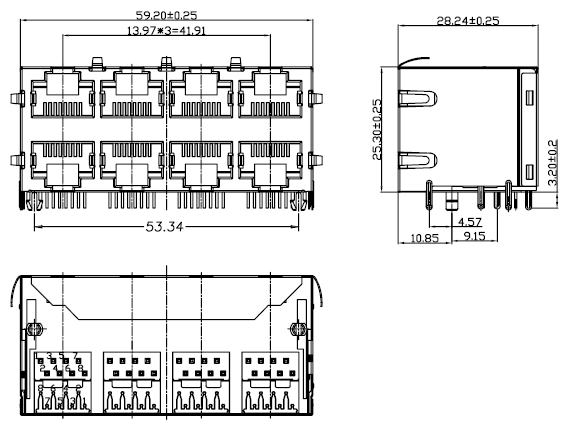 Cat3 Cat5 Rj45 Dual Connector Shielded Magnetics Stack Jack Tm59b824t2x12