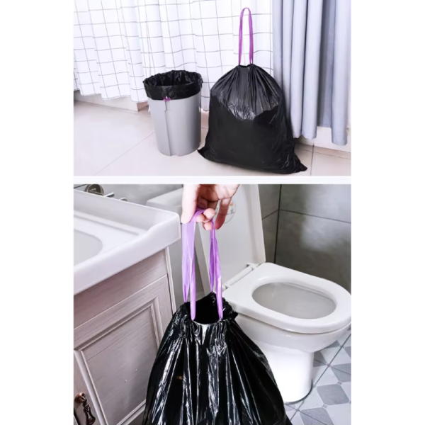 Customized eco-friendly black recyclable garbage bags, heavy-duty plastic drawstring bags with gravure printing custom logos