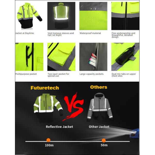55inch Waterproof Safety Reflective Jacket with Removable Hood and Sleeves Compliant with ANSI/ISEA 107-2015 Class 2
