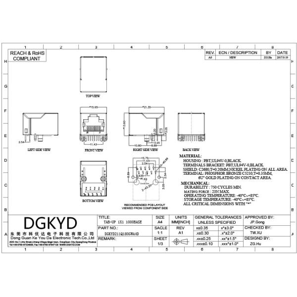 DGKYD211Q180GWA4D RJ45 Single Port With Transformer 10Pin Connector