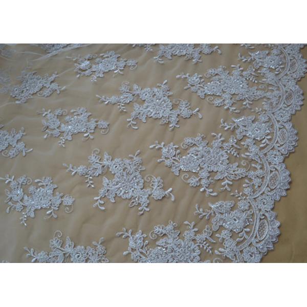 Floral Beaded Corded Lace Fabric , Ivory Embroidered Lace Fabric With Wavy Edging