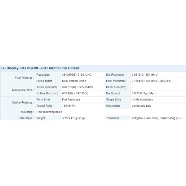 LM270WR8-SSD1 LG Display 27.0" 3840(RGB)×2160, 450 cd/m² INDUSTRIAL LCD DISPLAY