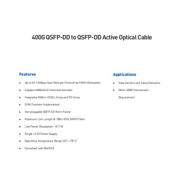 Mellanox Compatible QDD-400G-A10 Active Optical Cable For Speed Data Transmission