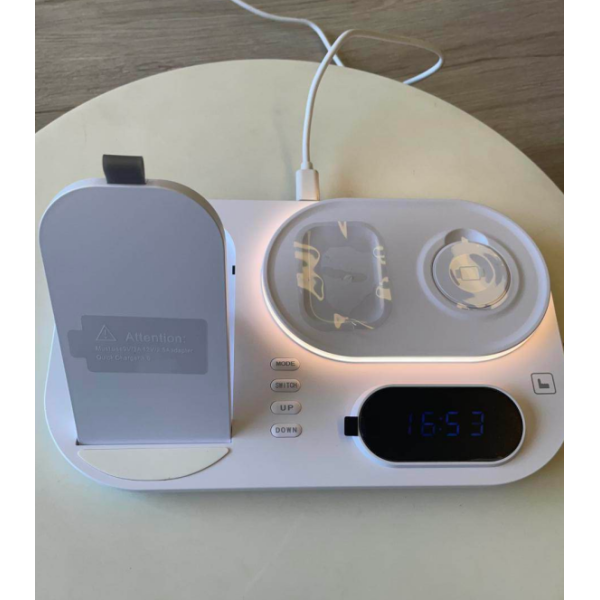 Foldable RGB Alarm Clock Wireless Charger Stand 4-in-1 Magnetic Charging Station LED Light Fast Wireless Charging Dock