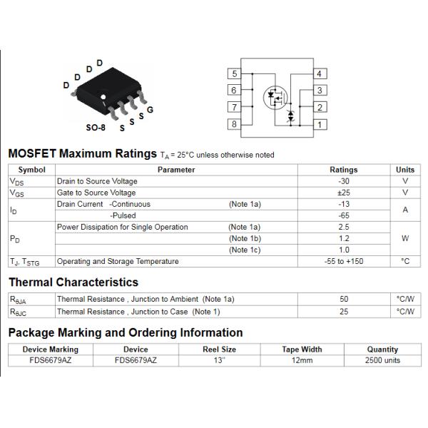 2.5W FDS6679AZ Power Management Integrated Circuits 1P Channel