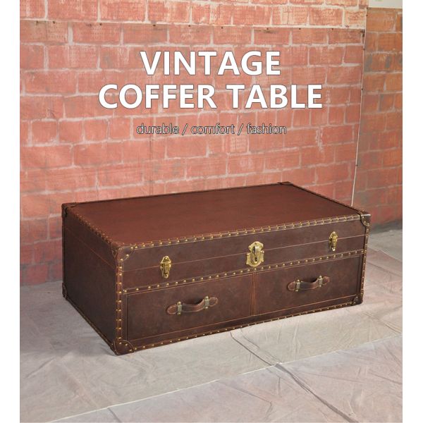 Nidea #8623 American-Style Retro Box-Shaped Handmade Leather Trunk Table for Living Room Home Bars Hotels Lounges
