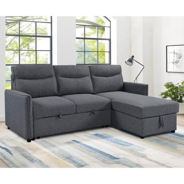 L-Shaped Reversible Sectional Sleeper Sofa with Pull-Out Bed and Storage, Neutral Gray Fabric