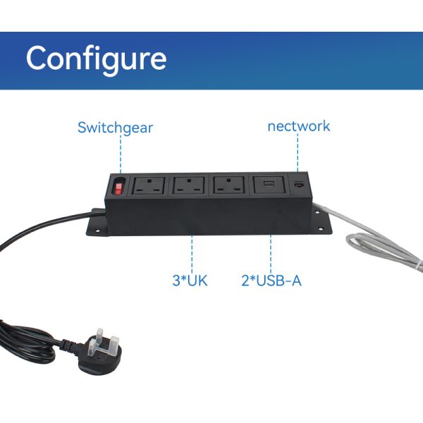 British Under Desk Power Strip Socket PDU Mountable Surge Protector