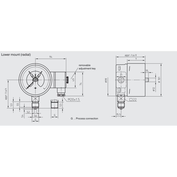 304SS Lower Back Mount Pressure Gauge 40 MPa 100mm Panel Mount