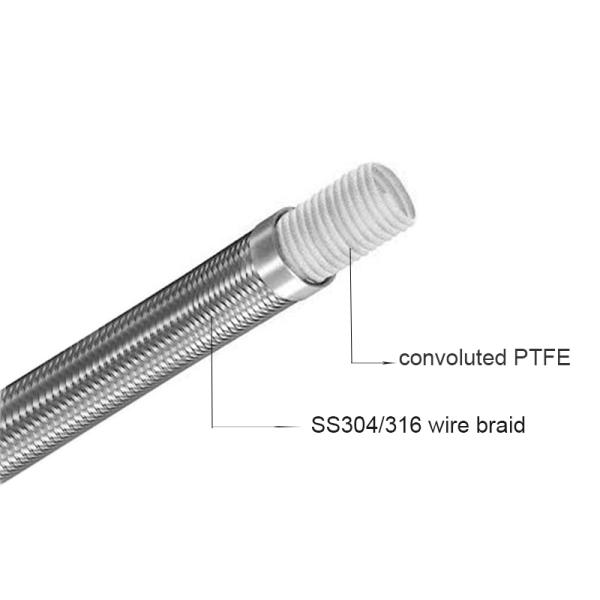 3/8" Stainless Steel 304 Wire Braided Convoluted PTFE Hose High Temperature