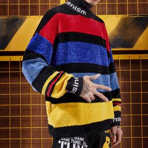 Buy cheap small quantity clothing manufacturer Drop Shoulder Graffiti Rainbow Striped Sweater Chenille Ins Lazy Half Turtleneck product
