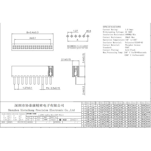 PCB 1.27 Mm Female Header Single Row Straight DIP Type