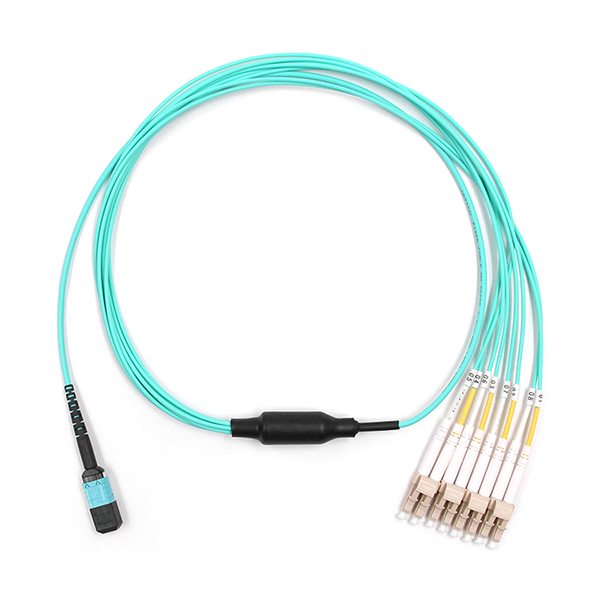 Female to 4 LC Duplex MPO Breakout Cable 8 Fibers OM3 OFNR Aqua Jacket