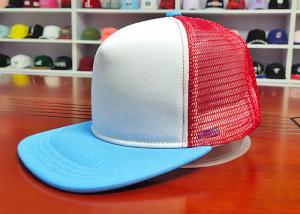 China 100% cotton twill white blue and red polyester mesh 5panel foam snapback hats caps on sale