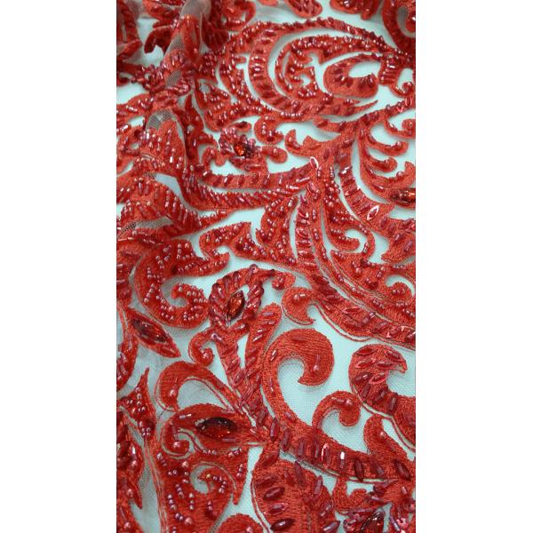 125cm Red Embroidered Beaded Lace Fabric , Beaded Bridal Lace By The Yard