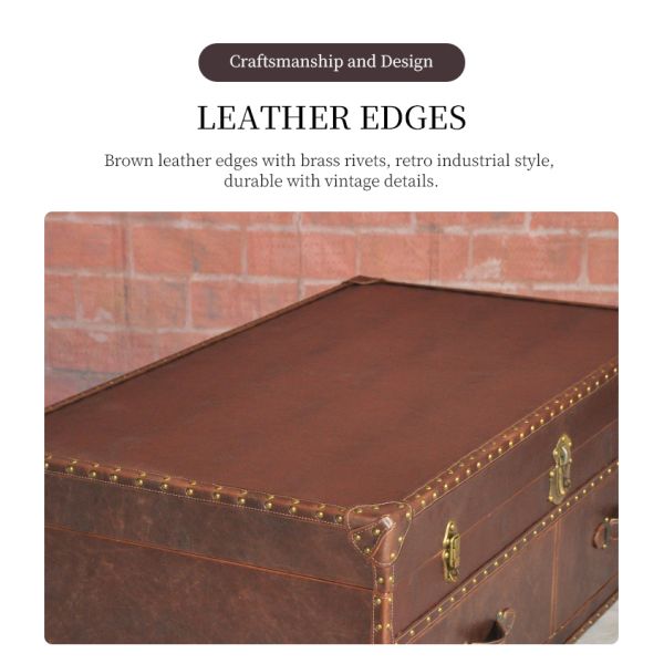 Nidea #8623 American-Style Retro Box-Shaped Handmade Leather Trunk Table for Living Room Home Bars Hotels Lounges