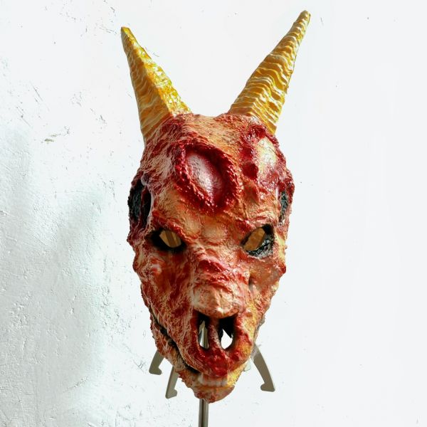 Realistic Goat Skull Demon Mask with Hyper-Detailed Latex Surface Poseable Ribbed Horns and Hollowed-Out Eye Sockets