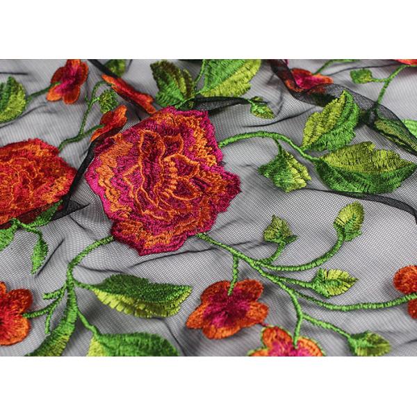 Bridal 3D Floral Embroidered Mesh Fabric , Red Flower Bridal Embroidered Net Fabric