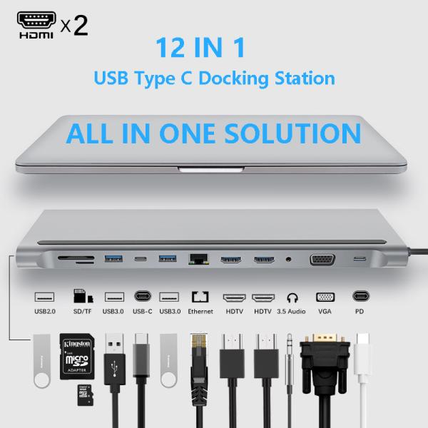 Enhanced Connectivity 12 In 1 USB C Type-C Hub Multiport Dock Station With Dual HDMI