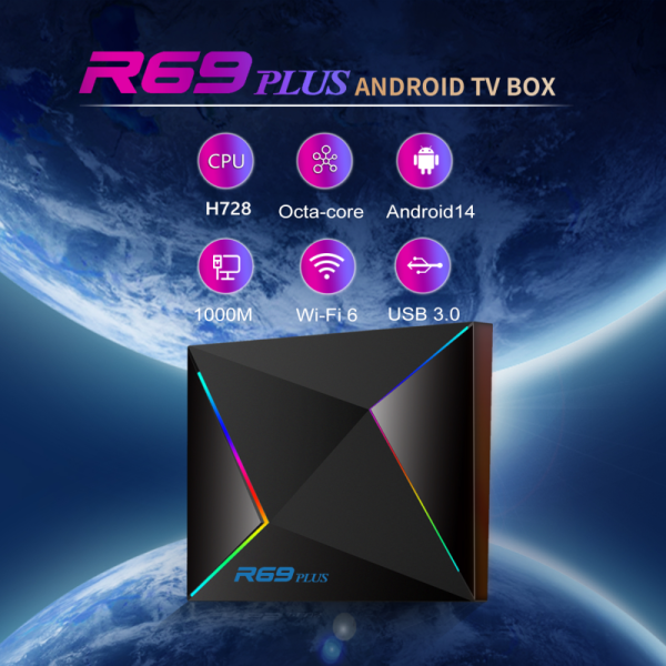 Android 14.0 TV Box 2025 R69 Plus, Allwinner H728 Octa-core 8K HDR10+ TV Box, 4GB RAM 64GB ROM, Support WiFi 6, BT 5.0, Gigabit Ethernet Media Player