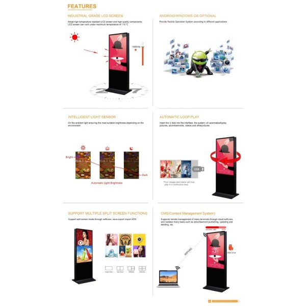 55 Inch Android WiFi Double-Sided Touch Screen LCD Anti-Glare Poster Kiosk Built-In CMS for Elevator Mall Station Advertising