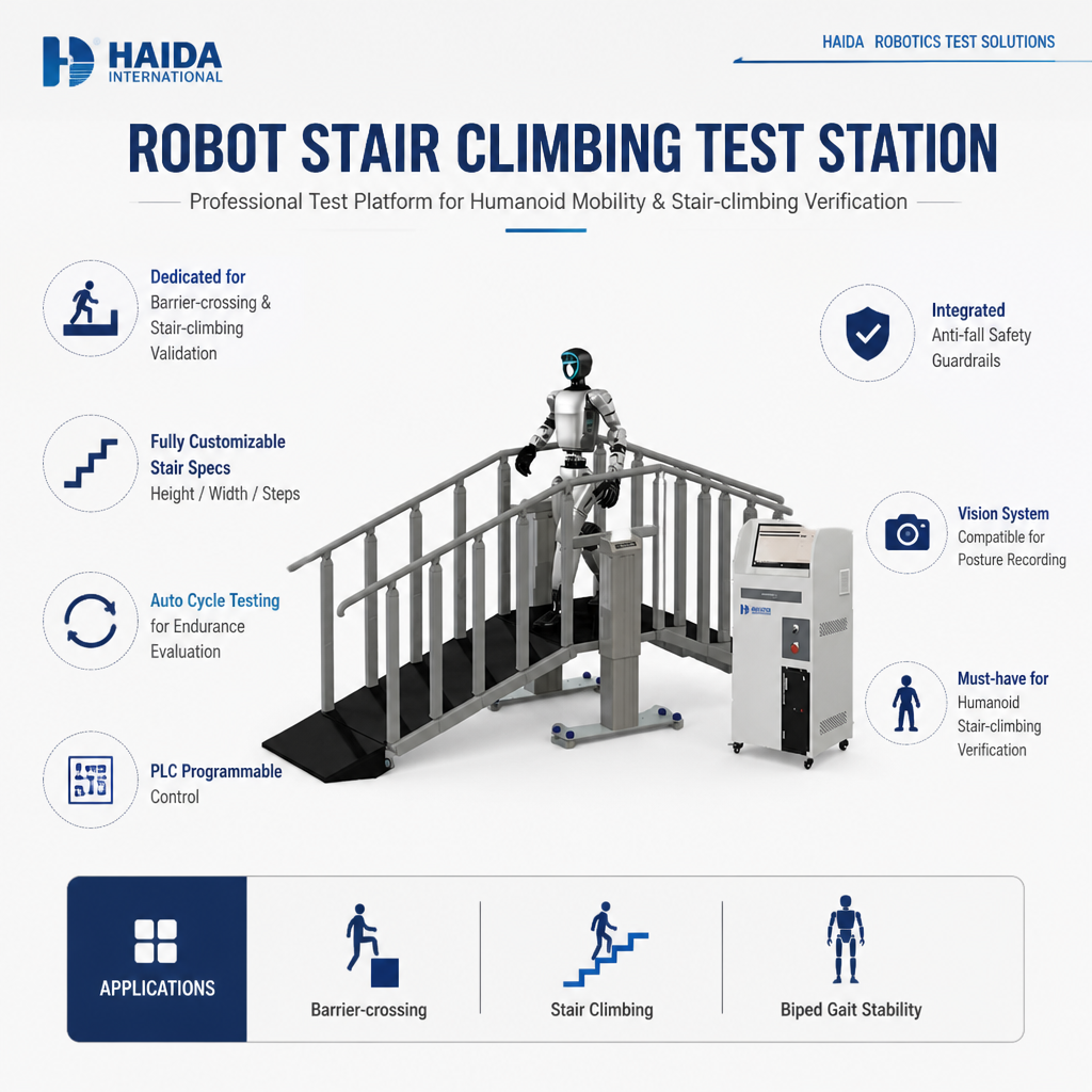 Robot Stair Climbing Test Station Stair Climbing Testing Equipment Customizable Stair Specs PLC Control Anti Fall Guardrails