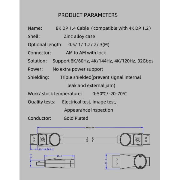 Factory price 60HZ 4K 144HZ dp cable displayport cable 8K for multimedia 3A games 1080ti