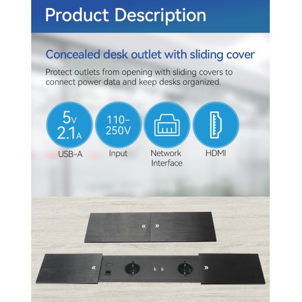 Schuko Office Desk Sliding Socket Power Module HDMI Data Interfaces OEM
