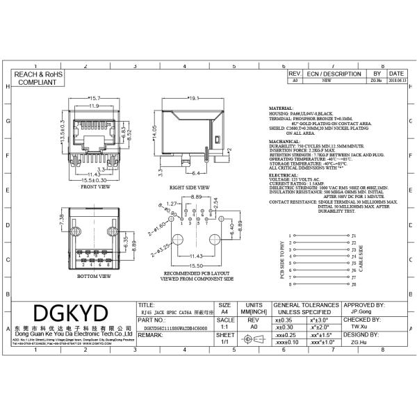 PA66 Black Ethernet Rj45 Connector DIP PCB Mount Without Lamp Flat 8PIN
