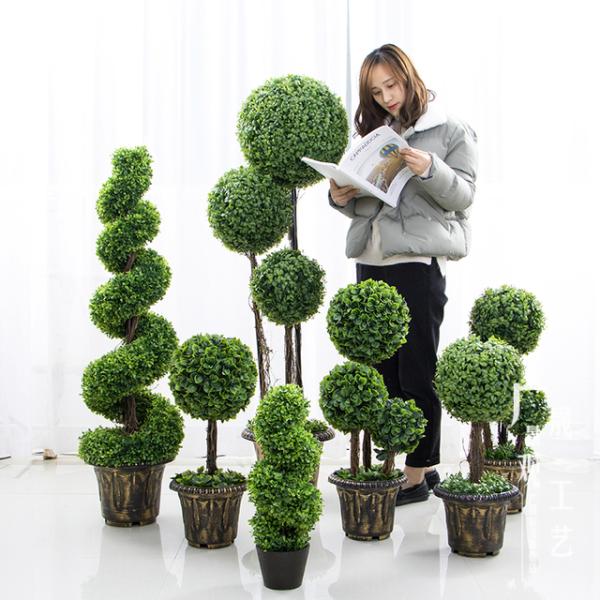 Anti UV Artificial Boxwood Triplicate Ball Wreath And Spiral Grass Plant Topiary Bonsai Tree
