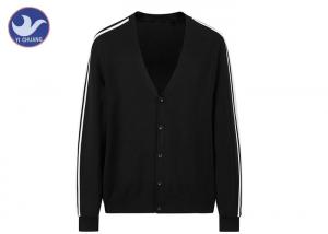 Buy cheap V Neck Mens Knit Cardigan Sweater Stripes In Shoulder / Sleeves Buttons Up Closure product