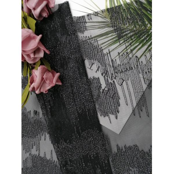 Black Metallic Lurex Geometric Line Silver Embroidered Lace Fabric