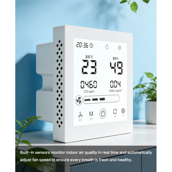 Smart Home Compatible Fresh Air Controller with Built-in CO2 PM2.5 Sensors and Wall-mounted Installation