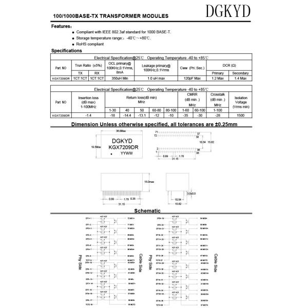 KGX7209DR 1000BASE-TX Ethernet Transformer Gigabit Ethernet Filter 72PIN DIP