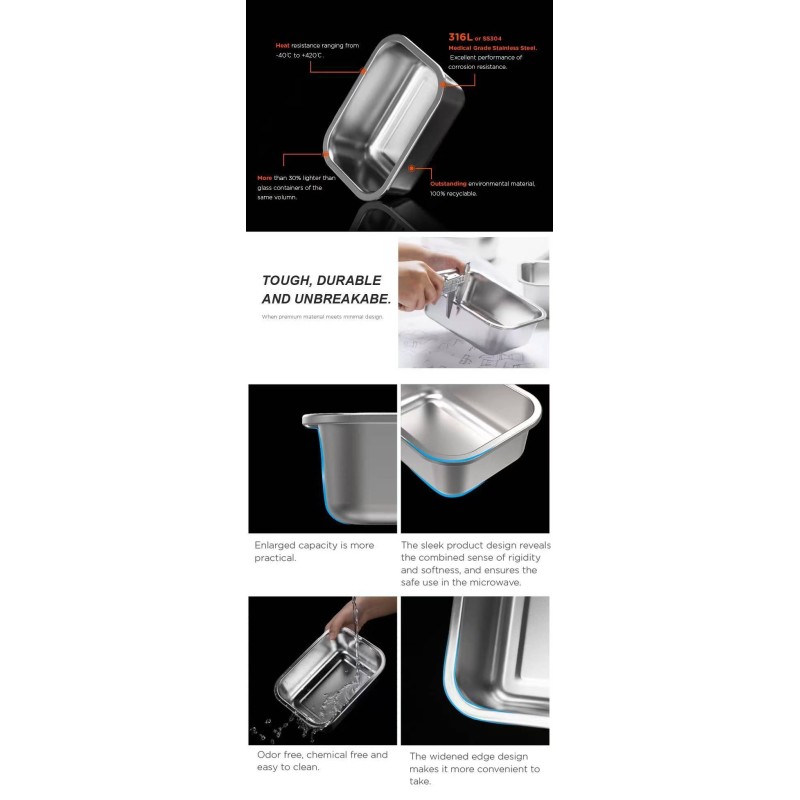 IKOO Stainless Steel Food Storage Container with Round/Square/Rectangular Shapes for Freshness Preservation and Airtight Seal