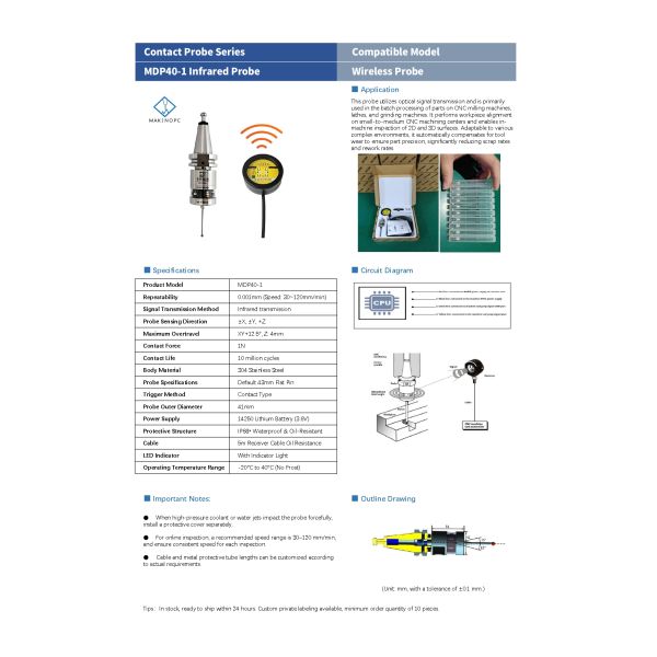 MDP40 Stainless Steel Optical Probe 3D Edge Finder CNC Wireless Milling Machine Probing Sets with 0.001mm Accuracy for Engineers