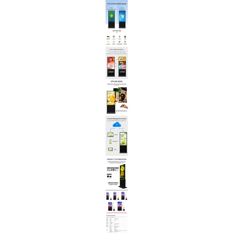 55 Inch Floor Standing Digital Signage with Android OS WiFi LCD Advertising Kiosk Vertical Video Display