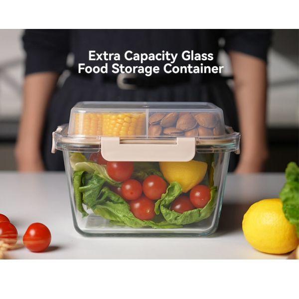 IKOO Extra Large Double Layer Glass Food Container with Divider