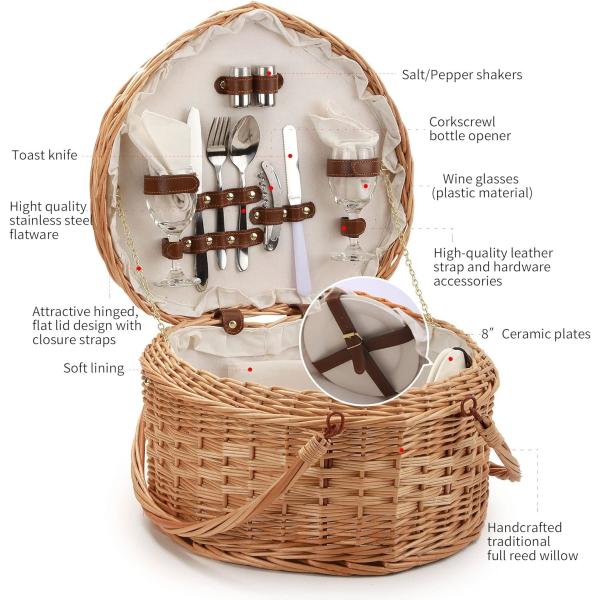 Picnic Basket for 2 Picniking Heart Shaped Empty Woven Wicker Willow Wood Hamper Backpack Box with Lid Cover Handle