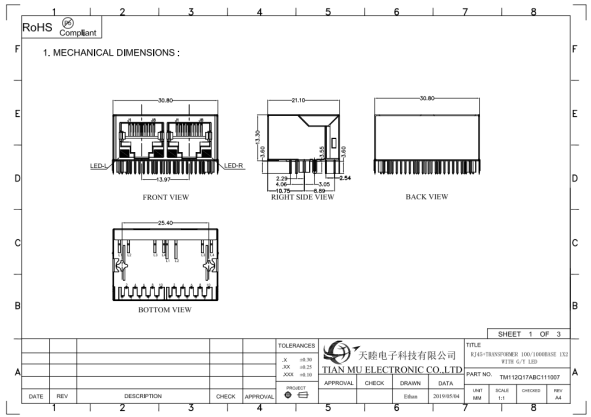Power Over Ethernet POE Ethernet Connector / 1000base T Connector 21.1mm
